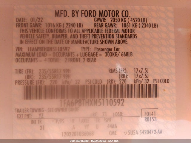 2022 Ford Mustang, VIN: 1FA6P8THXN5110592