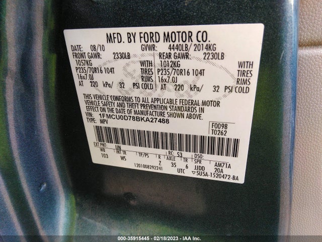 2011 FORD ESCAPE XLT VIN: 1FMCU0D78BKA27488