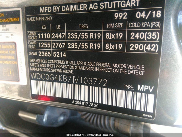 2018 MERCEDES-BENZ GLC GLC 300 VIN: WDC0G4KB7JV103772