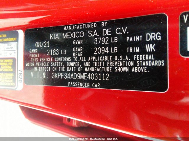 3KPF34AD9ME403112 KIA Forte Gt-line