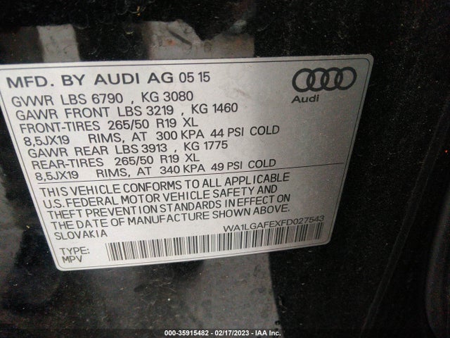 WA1LGAFEXFD027543 Audi Q7 3.0t Premium Plus