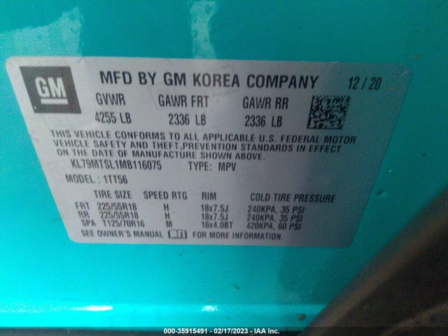 2021 Chevrolet Trailblazer, VIN: KL79MTSL1MB116075