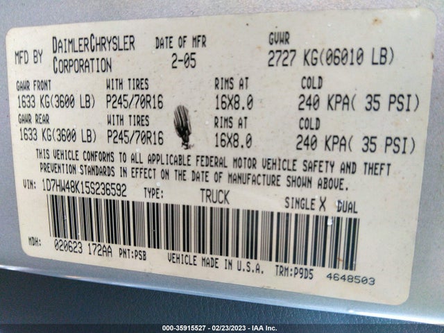Dodge DAKOTA SLT 2005 1D7HW48K15S236592 Image 11