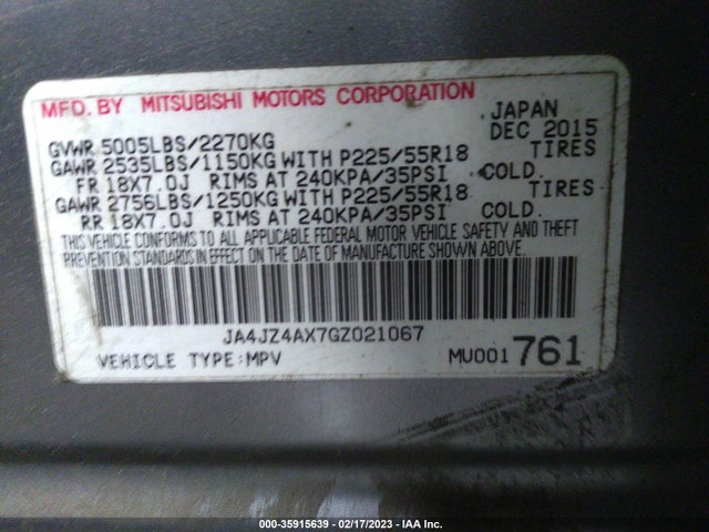 JA4JZ4AX7GZ021067 Mitsubishi OUTLANDER GT