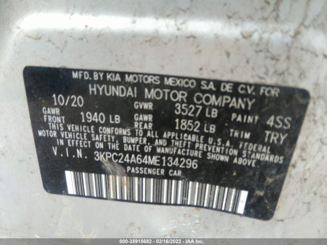 2021 HYUNDAI ACCENT SEL VIN: 3KPC24A64ME134296