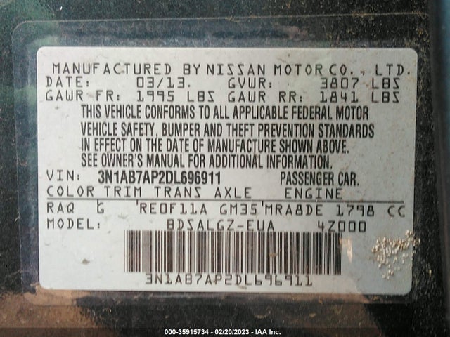 2013 NISSAN SENTRA SL VIN: 3N1AB7AP2DL696911