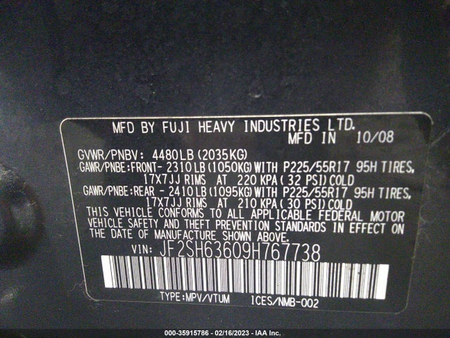 2009 SUBARU FORESTER X W/PREM/ALL-WEATHER VIN: JF2SH63609H767738