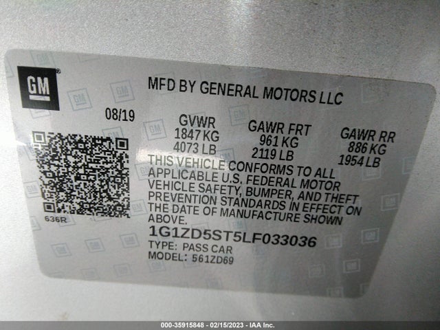 2020 CHEVROLET MALIBU LT VIN: 1G1ZD5ST5LF033036
