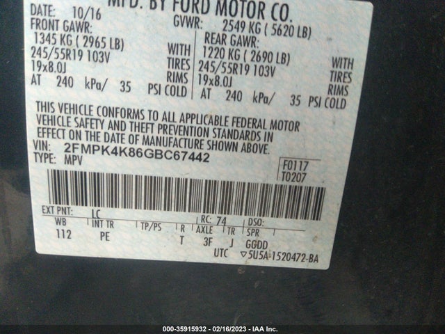 2016 Ford Edge, VIN: 2FMPK4K86GBC67442