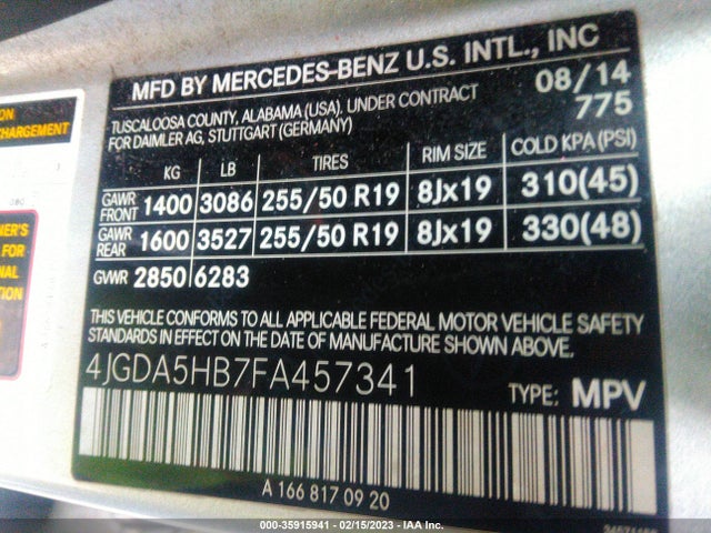 2015 MERCEDES-BENZ M-CLASS ML 350 VIN: 4JGDA5HB7FA457341