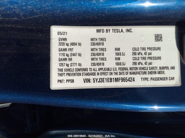 Tesla Model 3 Long Range 2021 5YJ3E1EB1MF965424 Image 10