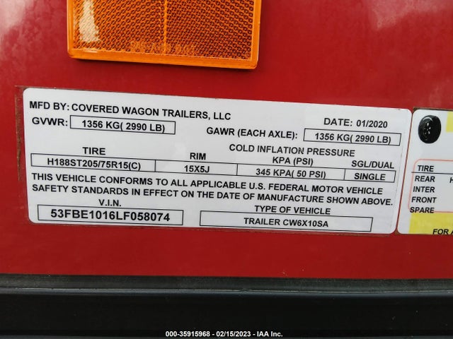 2020 COVERED WAGON UTILITY TRAILER VIN: 53FBE1016LF058074