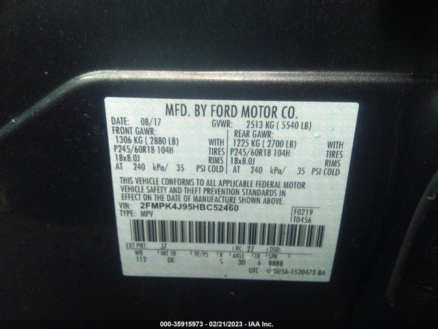 2017 FORD EDGE SEL VIN: 2FMPK4J95HBC52460