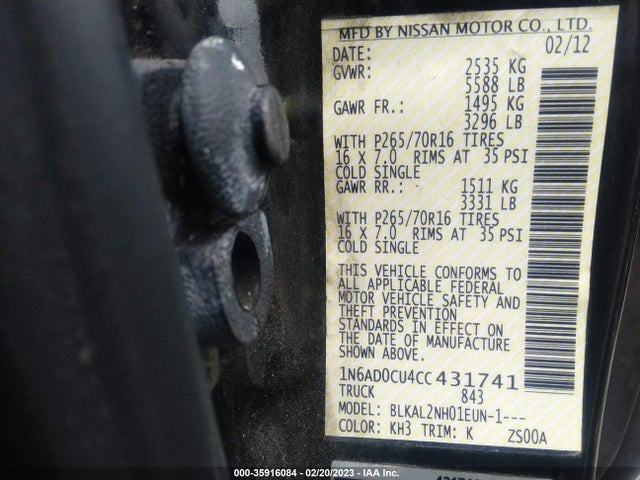 2012 NISSAN FRONTIER SV VIN: 1N6AD0CU4CC431741