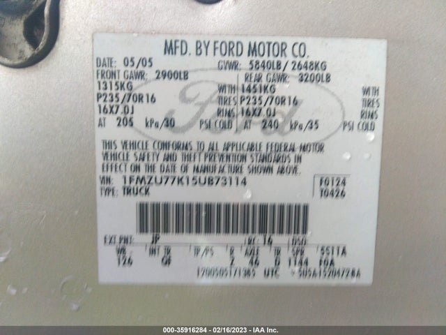 2005 FORD EXPLORER SPORT TRAC XLS/XLT VIN: 1FMZU77K15UB73114