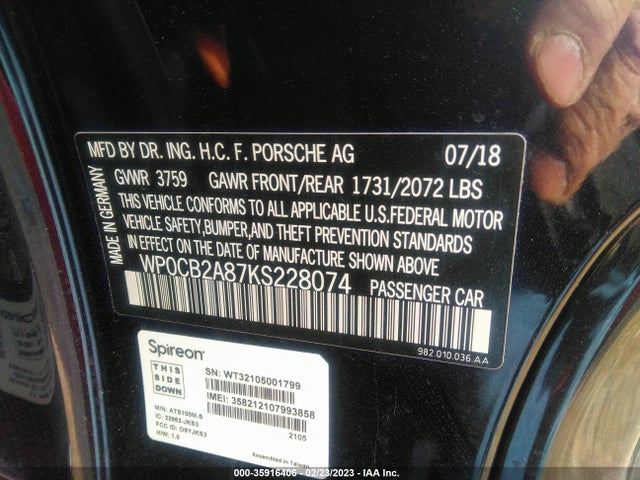 2019 Porsche 718, VIN: WP0CB2A87KS228074