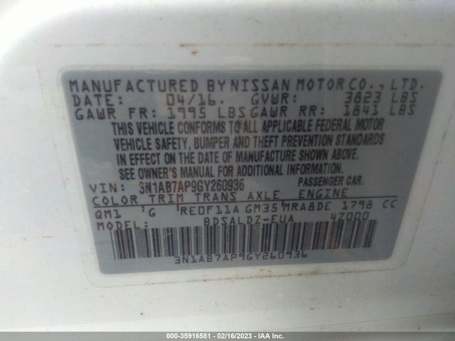 2016 Nissan Sentra, VIN: 3N1AB7AP9GY260936