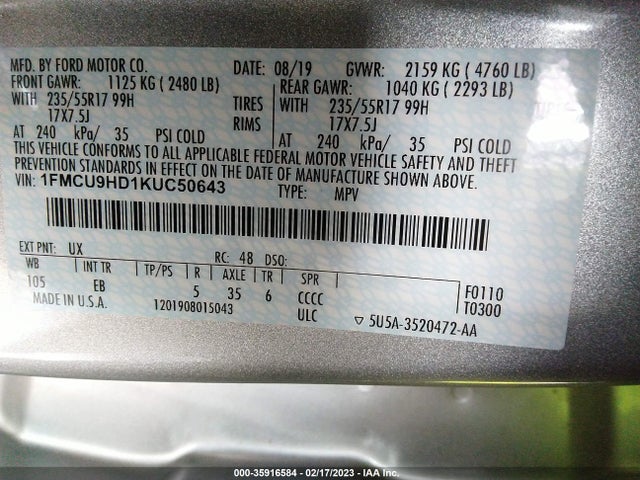 2019 Ford Escape, VIN: 1FMCU9HD1KUC50643