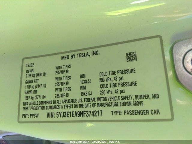 Tesla MODEL 3 2022 5YJ3E1EA9NF374217 Image 9
