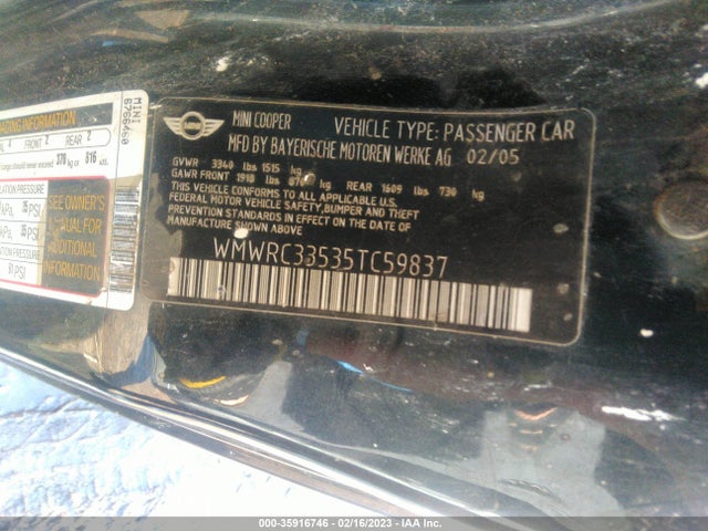2005 MINI COOPER HARDTOP VIN: WMWRC33535TC59837