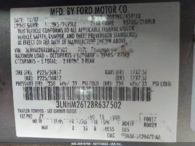 Lincoln MKZ 2008 3LNHM26T28R637502 Image 10