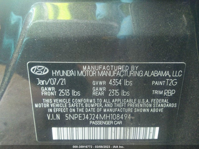 2021 Hyundai Sonata, VIN: 5NPEJ4J24MH108494