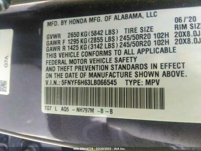 Honda Pilot Touring 7-passenger 2020 5FNYF6H63LB066545 Image 9