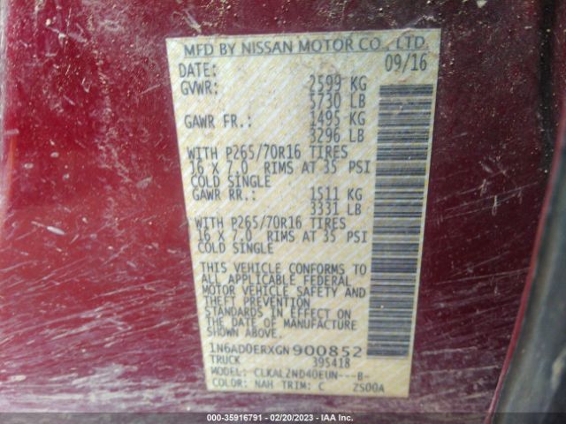 1N6AD0ERXGN900852 Nissan Frontier S/sv/desert Runner/sl
