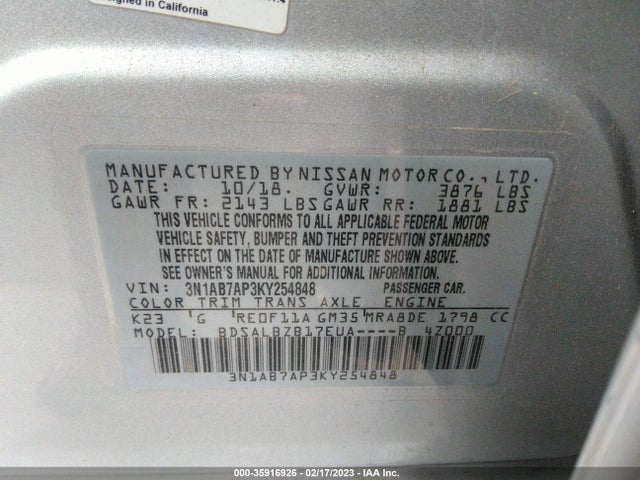 Nissan SENTRA S 2019 3N1AB7AP3KY254848 Image 9