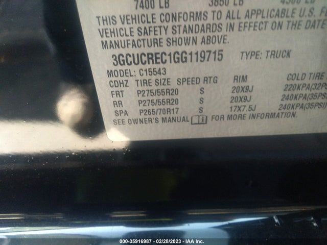 2016 CHEVROLET SILVERADO 1500 LT VIN: 3GCUCREC1GG119715