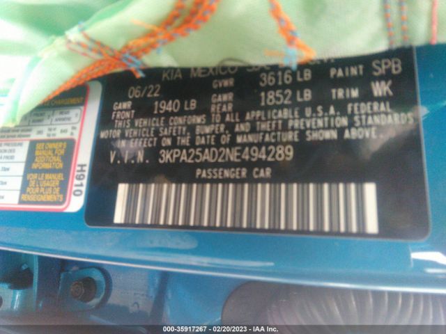 3KPA25AD2NE494289 KIA Rio 5-door S