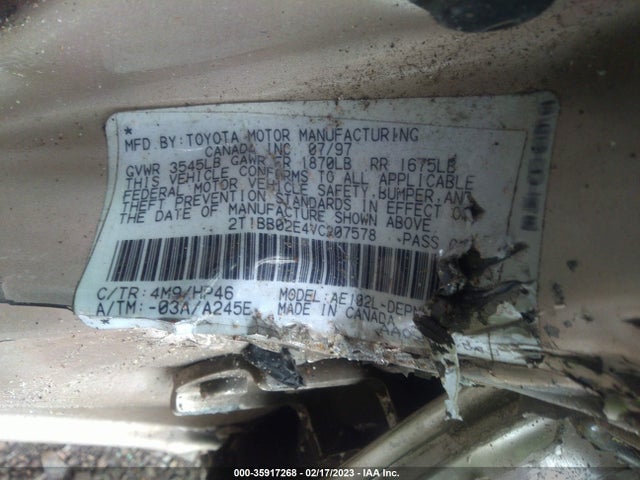 1997 TOYOTA COROLLA DX VIN: 2T1BB02E4VC207578