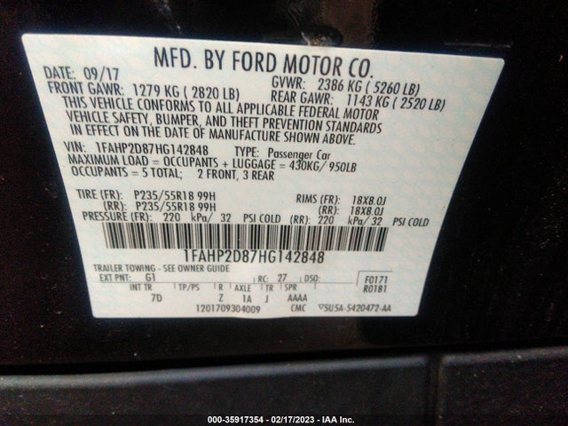 2017 Ford Taurus, VIN: 1FAHP2D87HG142848