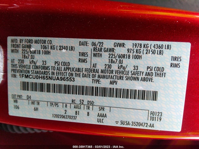 Ford ESCAPE SEL 2022 1FMCU0H65NUA96553 Image 10