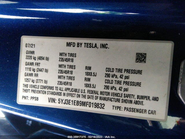 Tesla Model 3 Long Range 2021 5YJ3E1EB9MF019832 Image 10