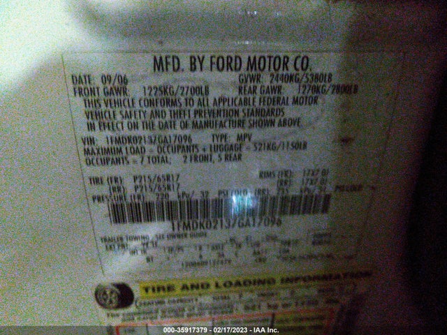 2007 FORD FREESTYLE SEL VIN: 1FMDK02137GA17096