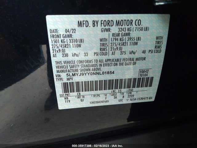 2022 Lincoln Aviator, VIN: 5LMYJ9YY0NNL01854