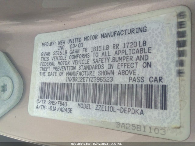 Toyota Corolla Ve/ce/le 2000 1NXBR12E7YZ396523 Image 10
