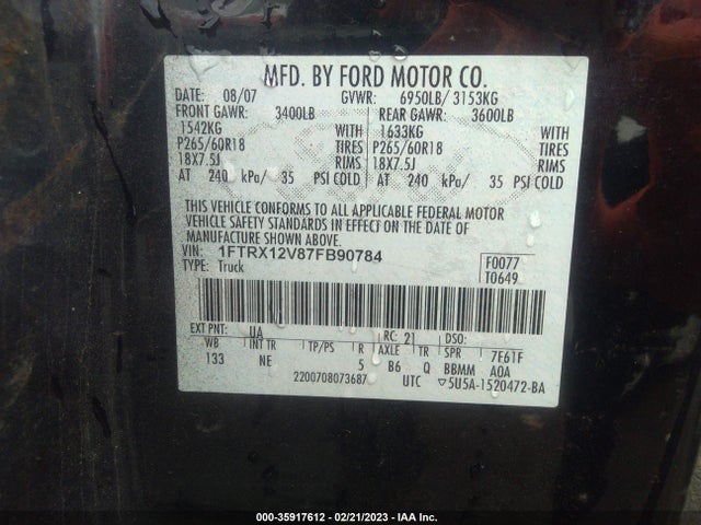 2007 FORD F-150 XLT/LARIAT/FX2 VIN: 1FTRX12V87FB90784