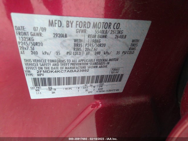 2010 FORD EDGE LIMITED VIN: 2FMDK4KC7ABA23992