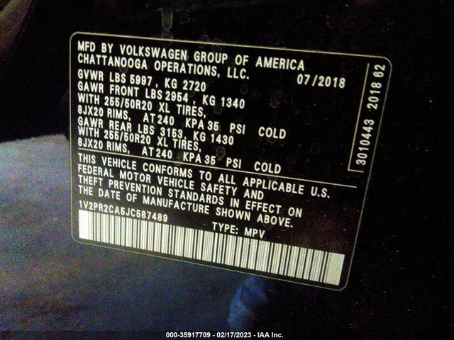 1V2PR2CA5JC587489 Volkswagen Atlas 3.6l V6 Se W/technology