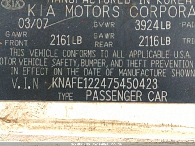 KNAFE122475450423 KIA SPECTRA EX