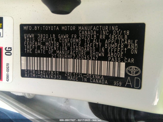 2018 TOYOTA COROLLA L/LE/XLE/SE/XSE VIN: 2T1BURHE7JC045347