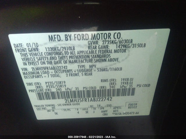 Lincoln MKT 2010 2LMHJ5FR1ABJ22742 Image 10