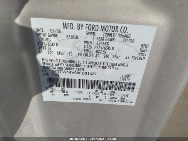 2008 FORD F-150 XLT/FX4/LARIAT VIN: 1FTPW14V08FB01427