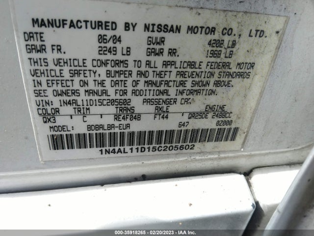 2005 NISSAN ALTIMA 2.5 S VIN: 1N4AL11D15C205602