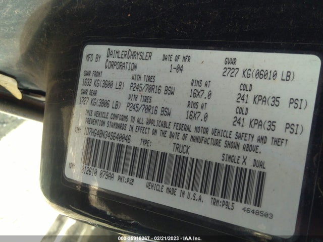 Dodge DAKOTA SLT 2004 1D7HG48N34S640046 Image 10