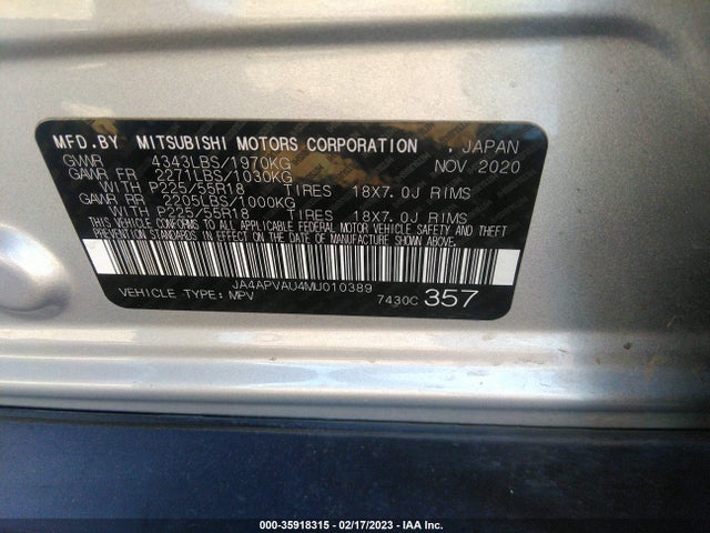 2021 MITSUBISHI OUTLANDER SPORT SE VIN: JA4APVAU4MU010389