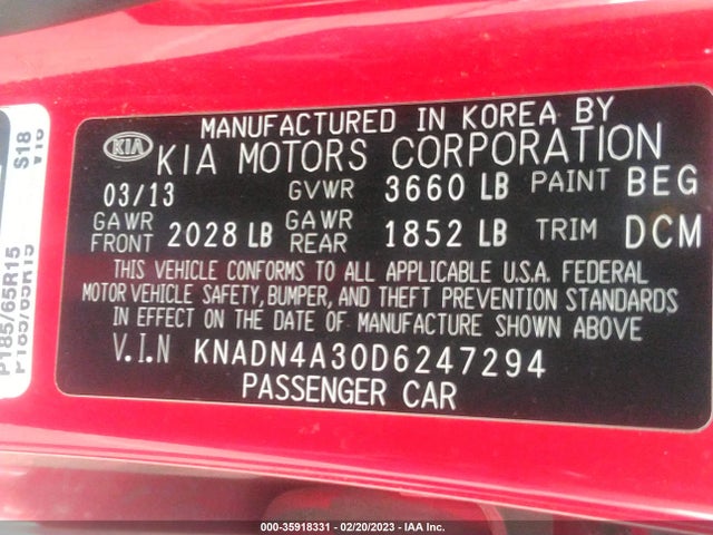 2013 KIA RIO EX VIN: KNADN4A30D6247294