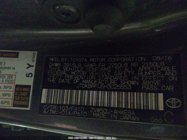 2017 Toyota Prius, VIN: JTDKBRFU5H3025553